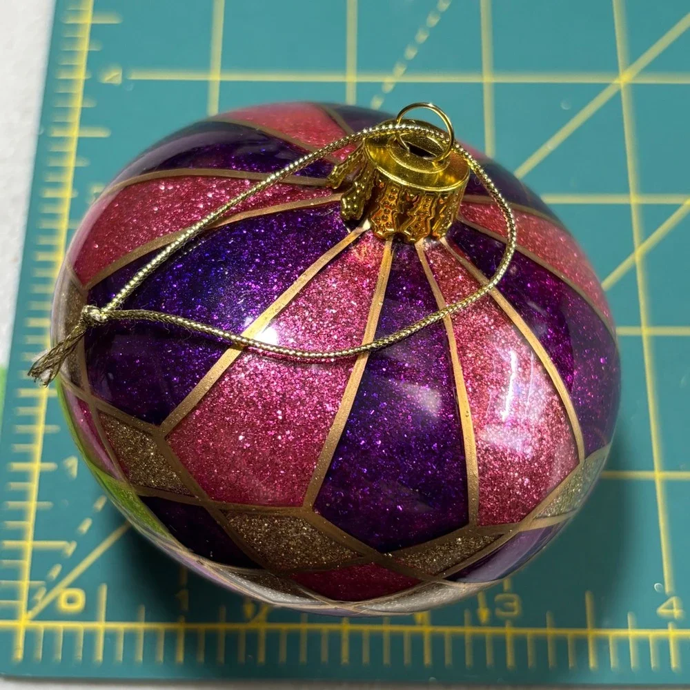 10 Purple Pink Gold Glitter Christmas‎ Ornament Set Harlequin Finial Round